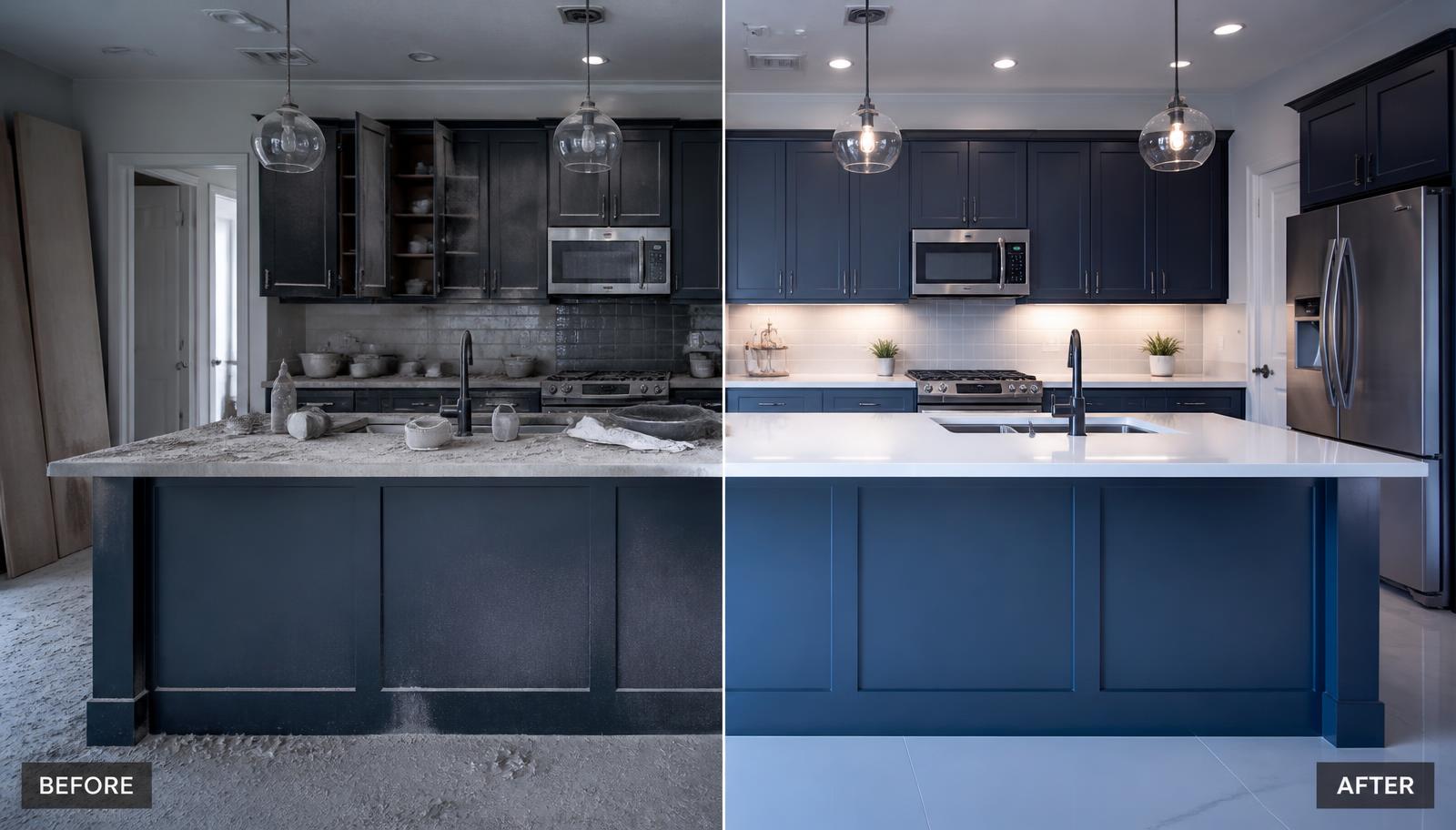 Before and after: a dust-covered kitchen restored to a spotless finish